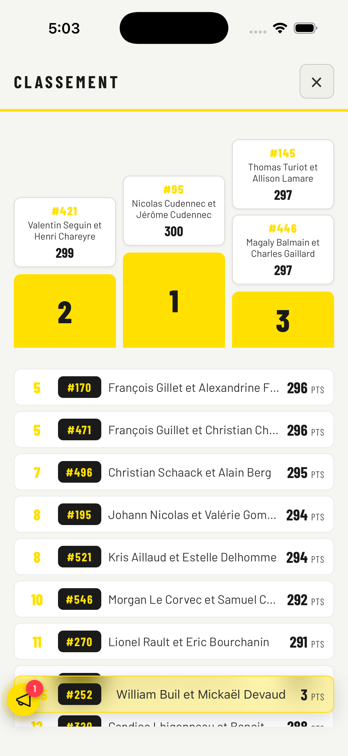Classement temps r&eacute;el